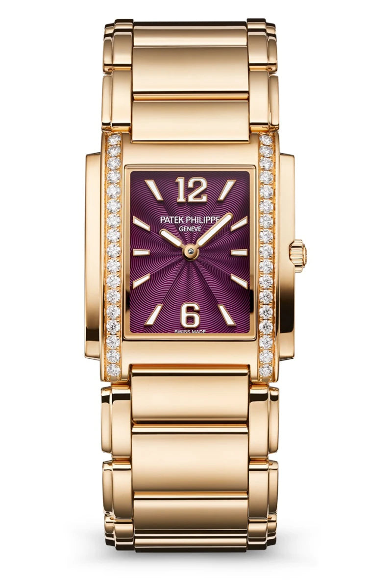 Patek Philippe Twenty~4 4910/1201R-010 – Ladies’ Quartz Rose Gold Watch with Purple Dial & Diamond Bezel-DUBAILUXURYWATCH