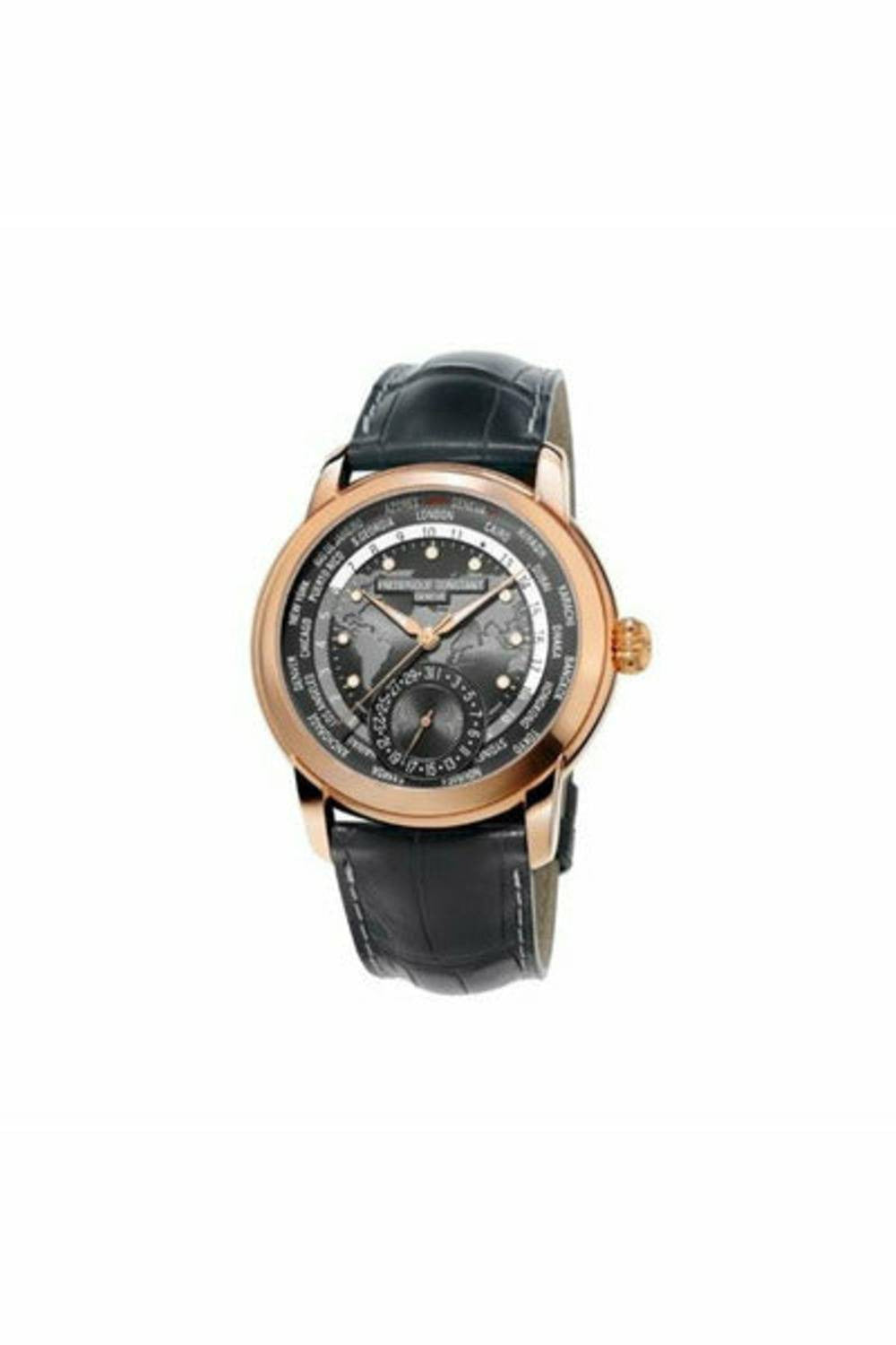 frederique constant worldtimer 42mm stainless steel 18k rose gold plated men's watch fc-718dgwm4h4-DUBAILUXURYWATCH