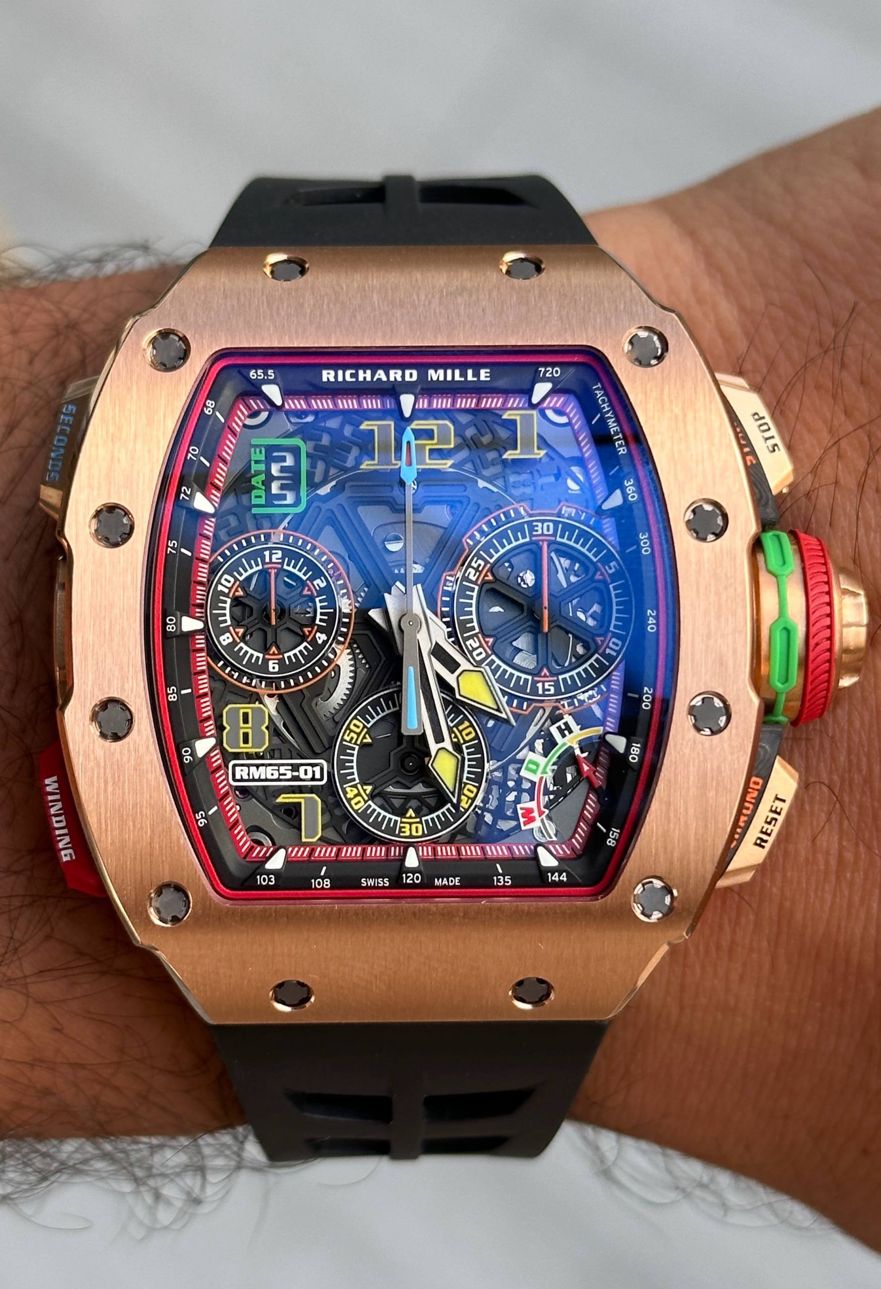 Richard Mille Rm 65-01 Ca Rg Split-seconds Chronograph Automatic Winding 44.5mm X 50mm 18k Rose Gold Black Rubber Straps Men’s Watch