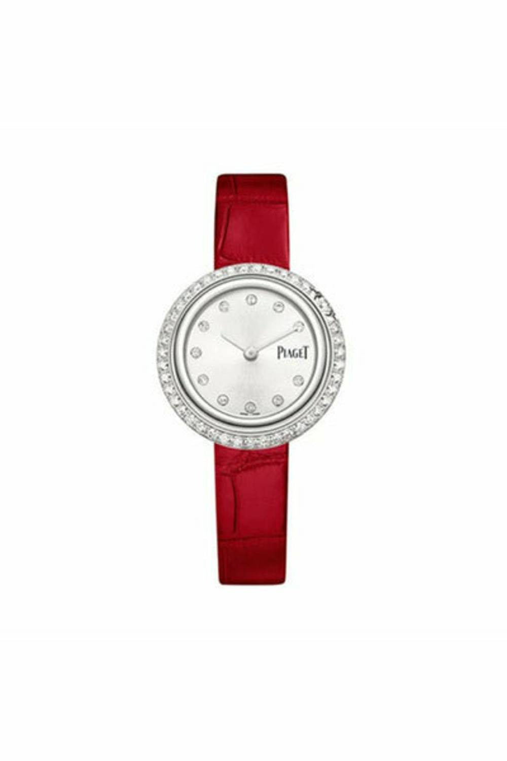 piaget possession watch white gold diamond silver dial red strap ref. g0a43084-DUBAILUXURYWATCH