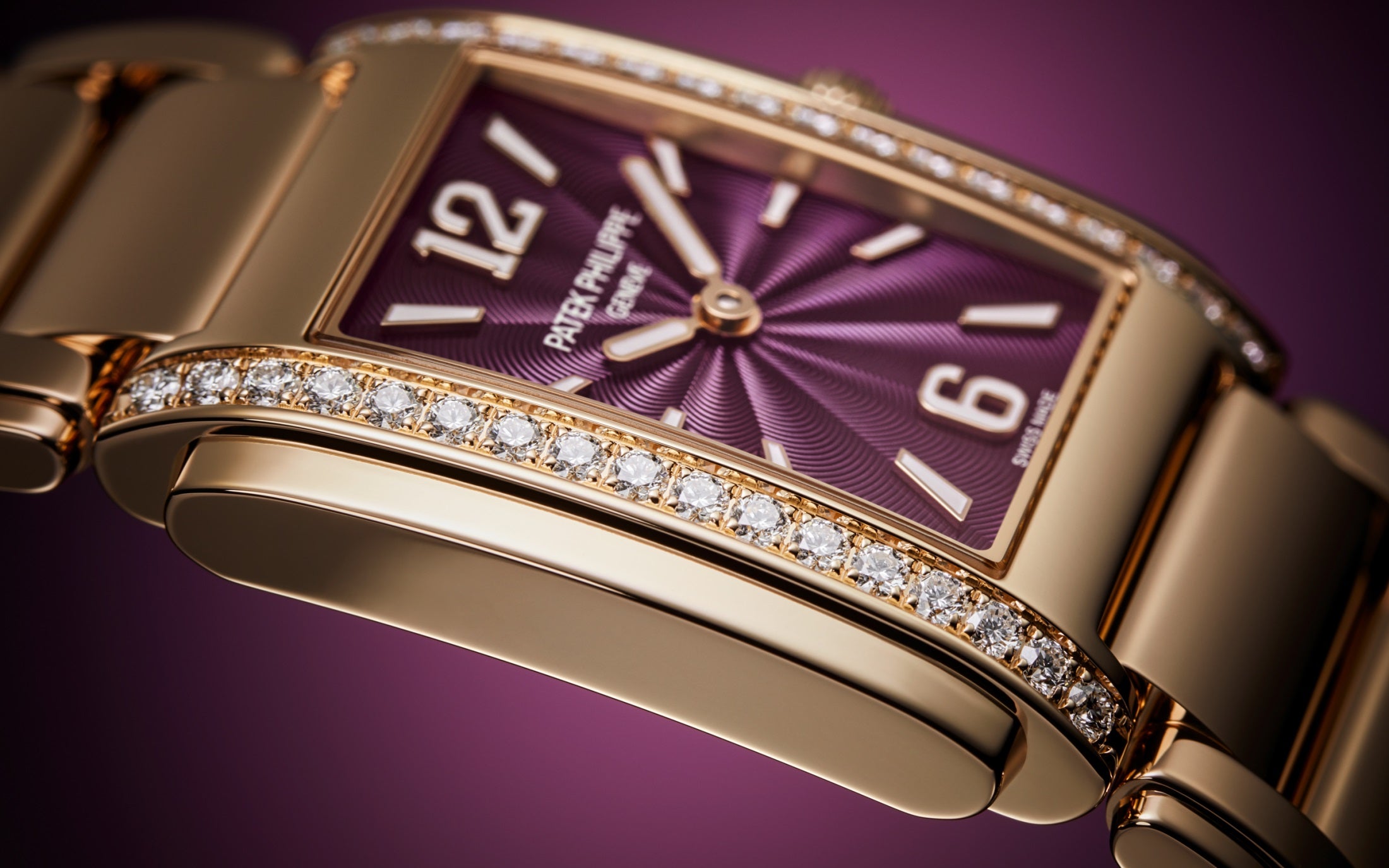 Patek Philippe Twenty~4 4910/1201R-010 – Ladies’ Quartz Rose Gold Watch with Purple Dial & Diamond Bezel-DUBAILUXURYWATCH