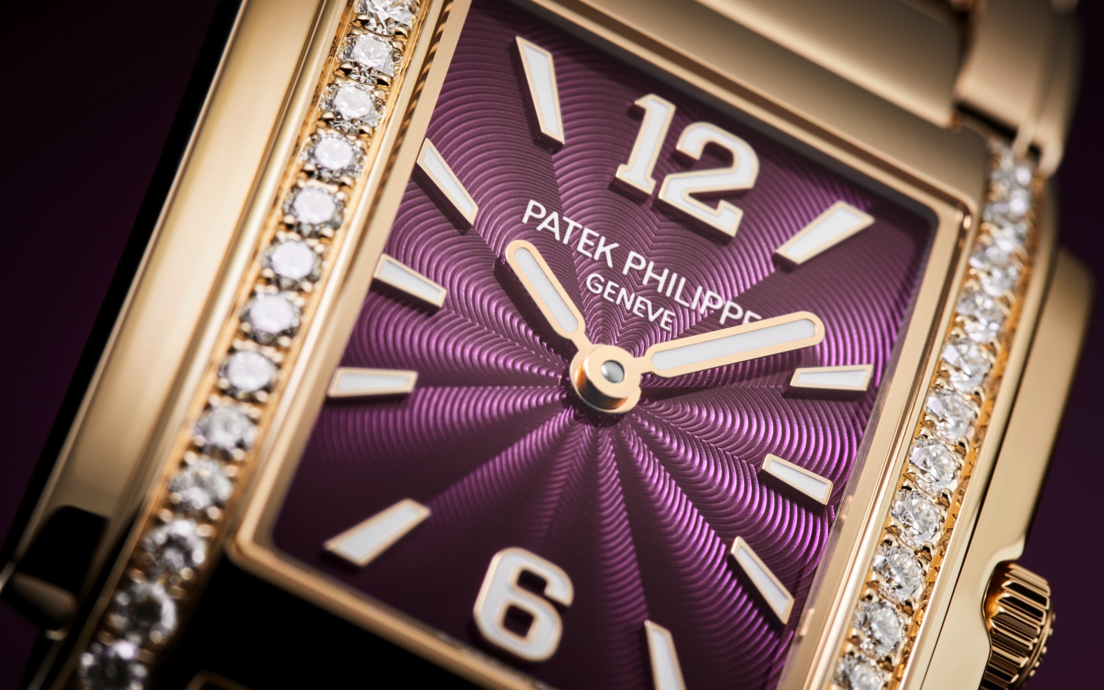 Patek Philippe Twenty~4 4910/1201R-010 – Ladies’ Quartz Rose Gold Watch with Purple Dial & Diamond Bezel-DUBAILUXURYWATCH