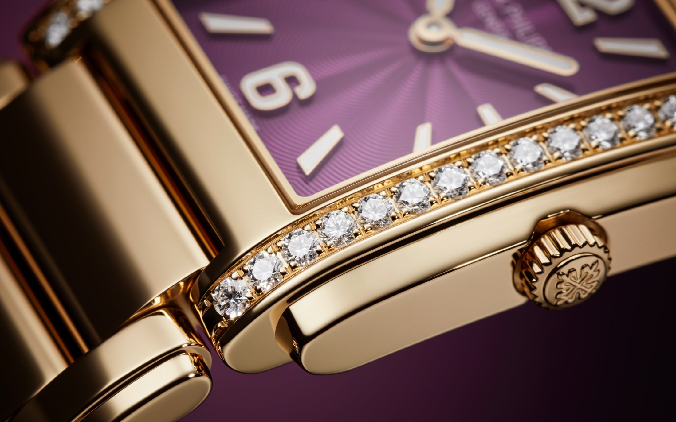 Patek Philippe Twenty~4 4910/1201R-010 – Ladies’ Quartz Rose Gold Watch with Purple Dial & Diamond Bezel-DUBAILUXURYWATCH