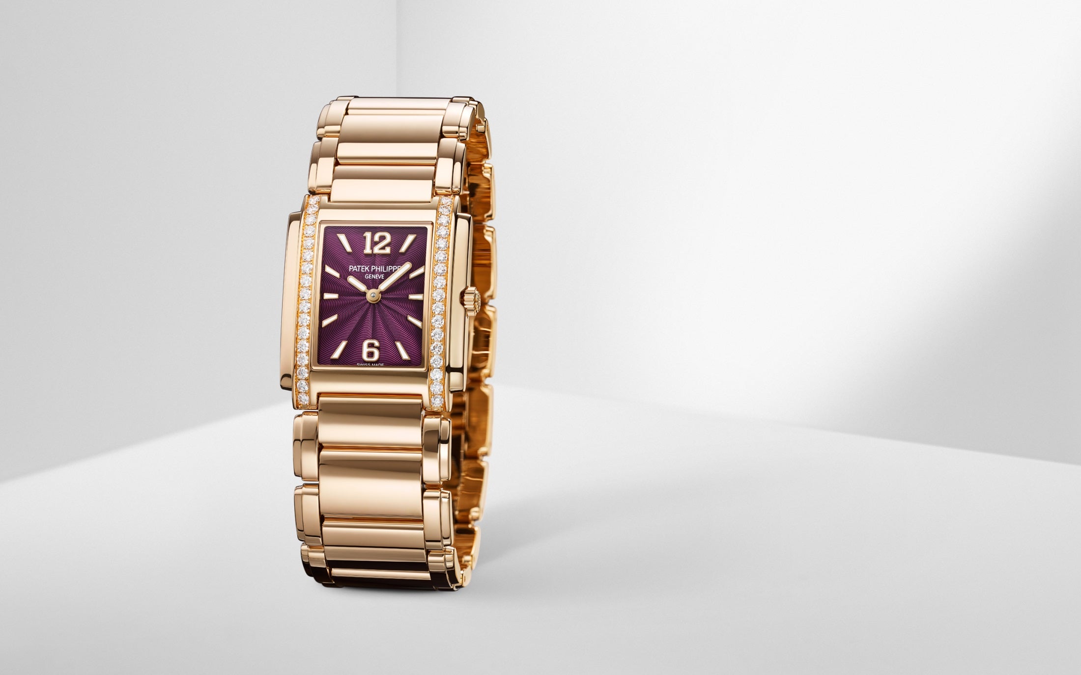 Patek Philippe Twenty~4 4910/1201R-010 – Ladies’ Quartz Rose Gold Watch with Purple Dial & Diamond Bezel-DUBAILUXURYWATCH