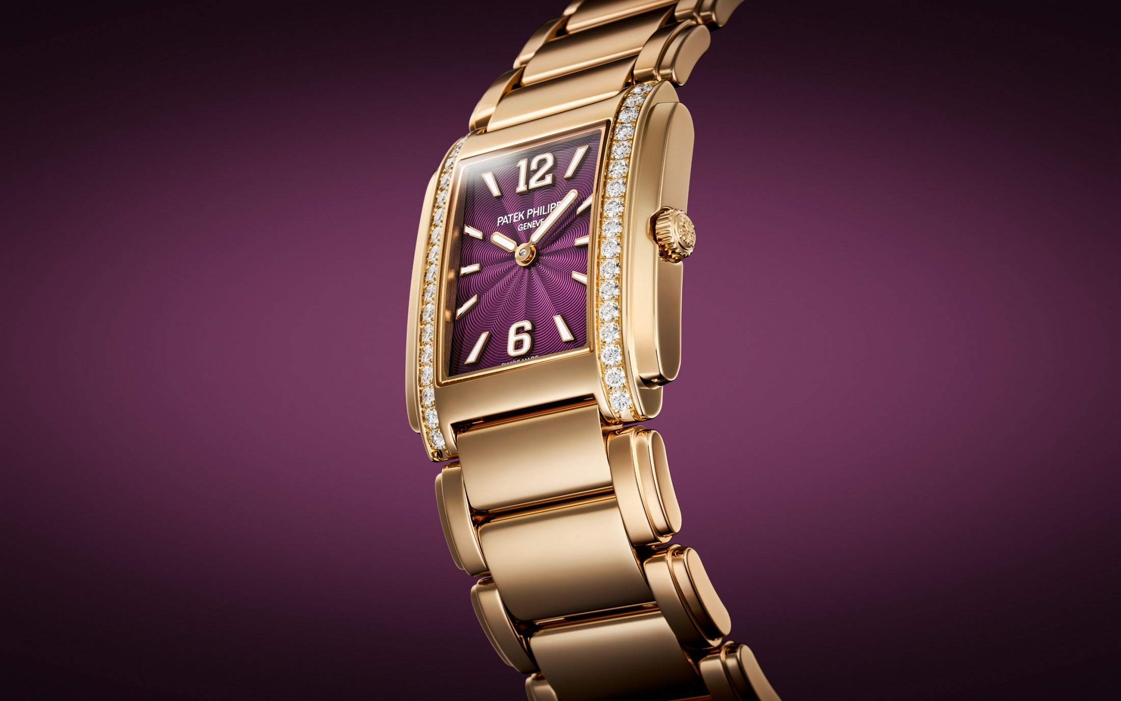 Patek Philippe Twenty~4 4910/1201R-010 – Ladies’ Quartz Rose Gold Watch with Purple Dial & Diamond Bezel-DUBAILUXURYWATCH