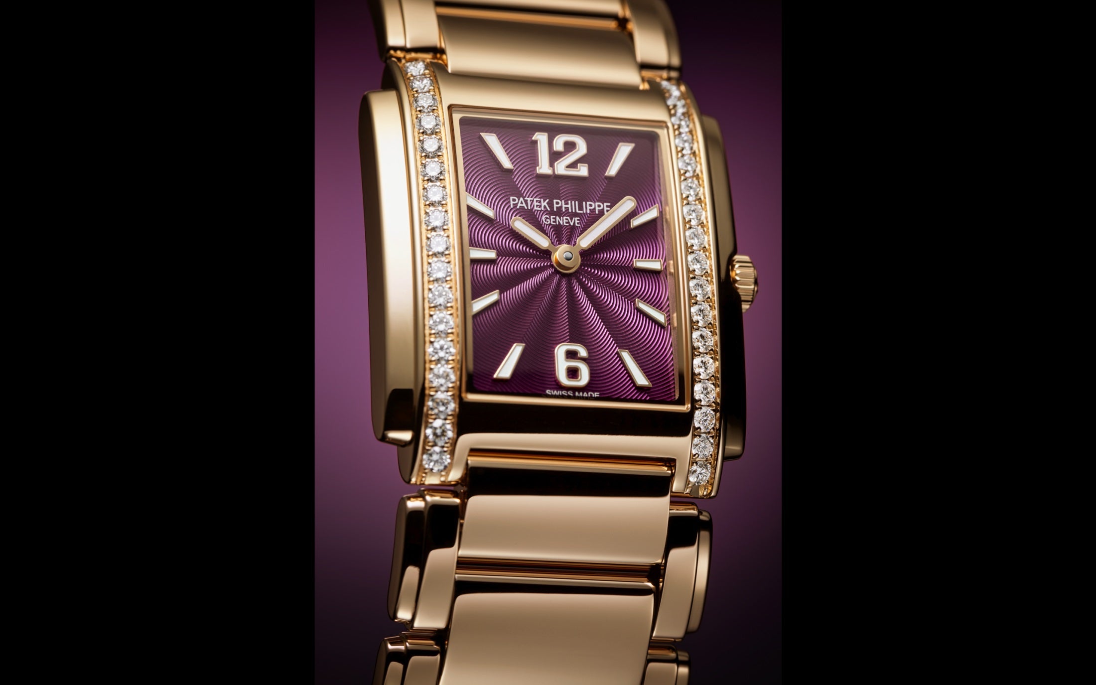 Patek Philippe Twenty~4 4910/1201R-010 – Ladies’ Quartz Rose Gold Watch with Purple Dial & Diamond Bezel-DUBAILUXURYWATCH