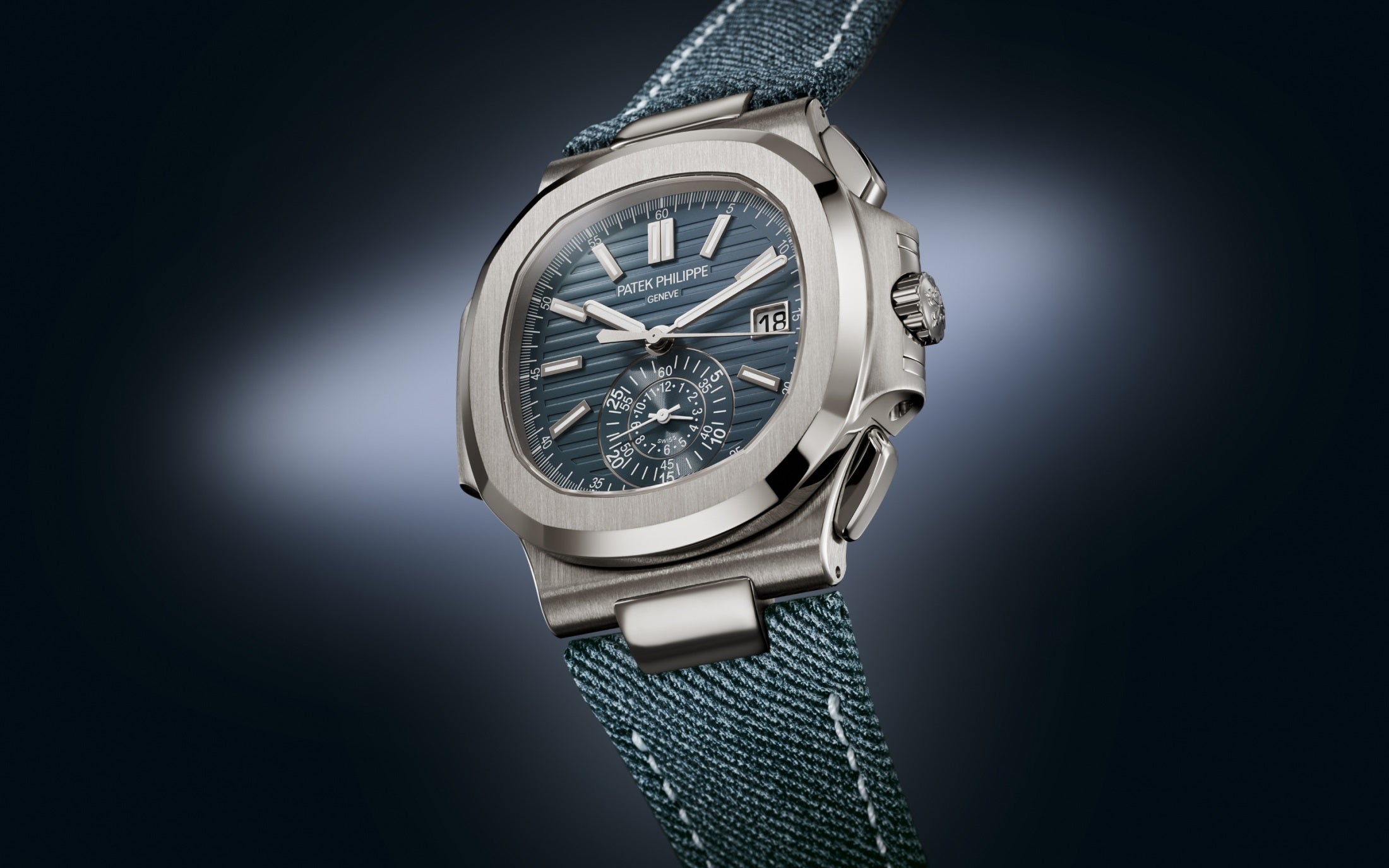 Patek Philippe Nautilus 5980/60G-001 – White Gold, Flyback Chronograph, Blue-Gray Dial-DUBAILUXURYWATCH