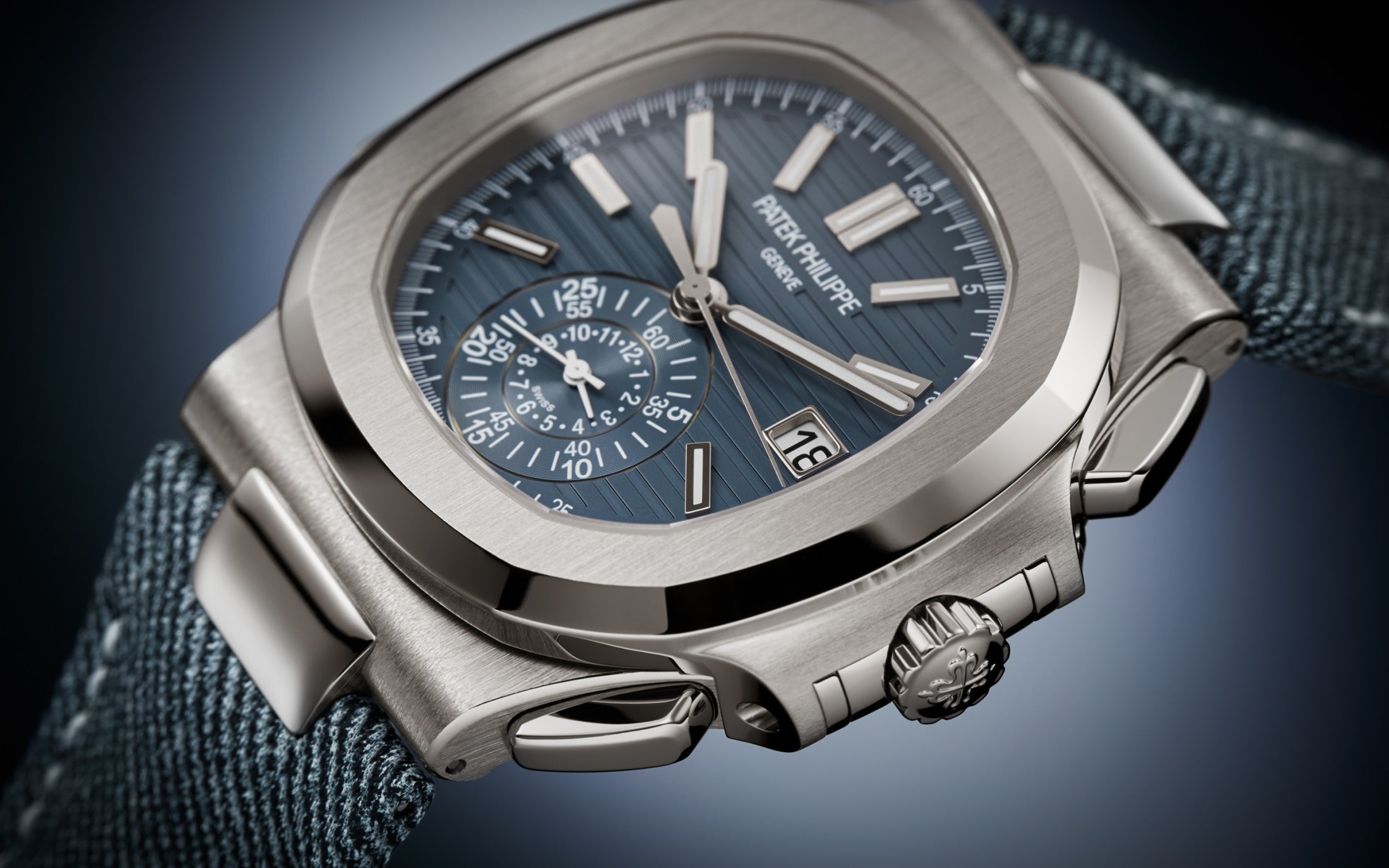 Patek Philippe Nautilus 5980/60G-001 – White Gold, Flyback Chronograph, Blue-Gray Dial-DUBAILUXURYWATCH