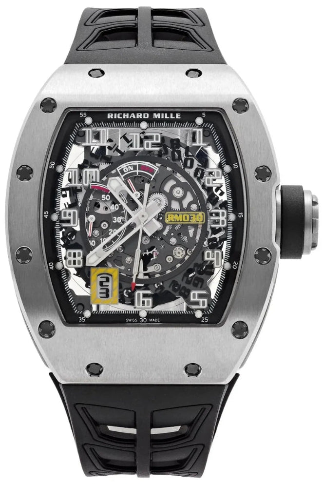Buy Richard Mille RM 030 NTPT Asia Limited Edition. Carbon case with titanium structure and declutchable rotor system. Rare luxury watch in Dubai.