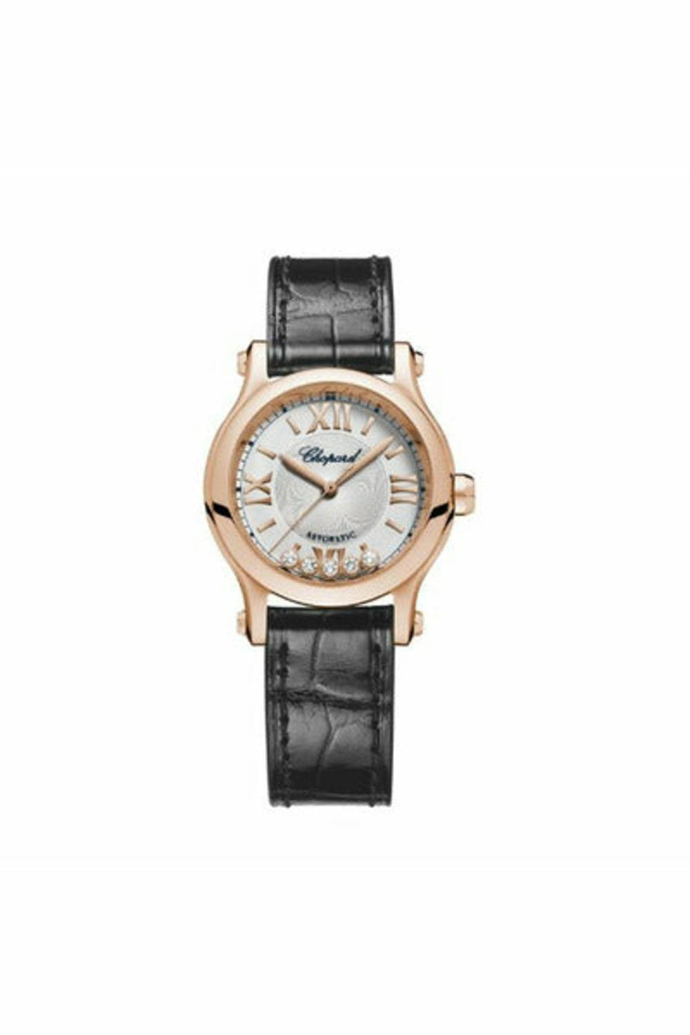 chopard happy sport round watch 30mm rose gold case silver dial black strap ref. 274893-5011-DUBAILUXURYWATCH