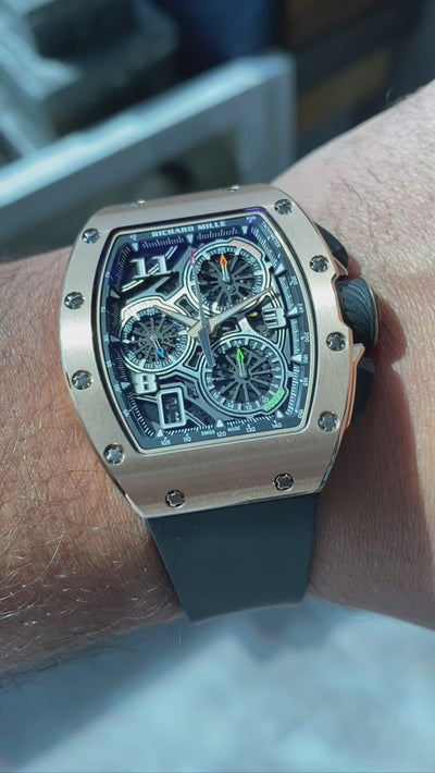 Buy Richard Mille RM 72-01 Rose Gold Automatic Flyback Chronograph. Skeleton dial with rubber strap. Authentic luxury watch available in Dubai.