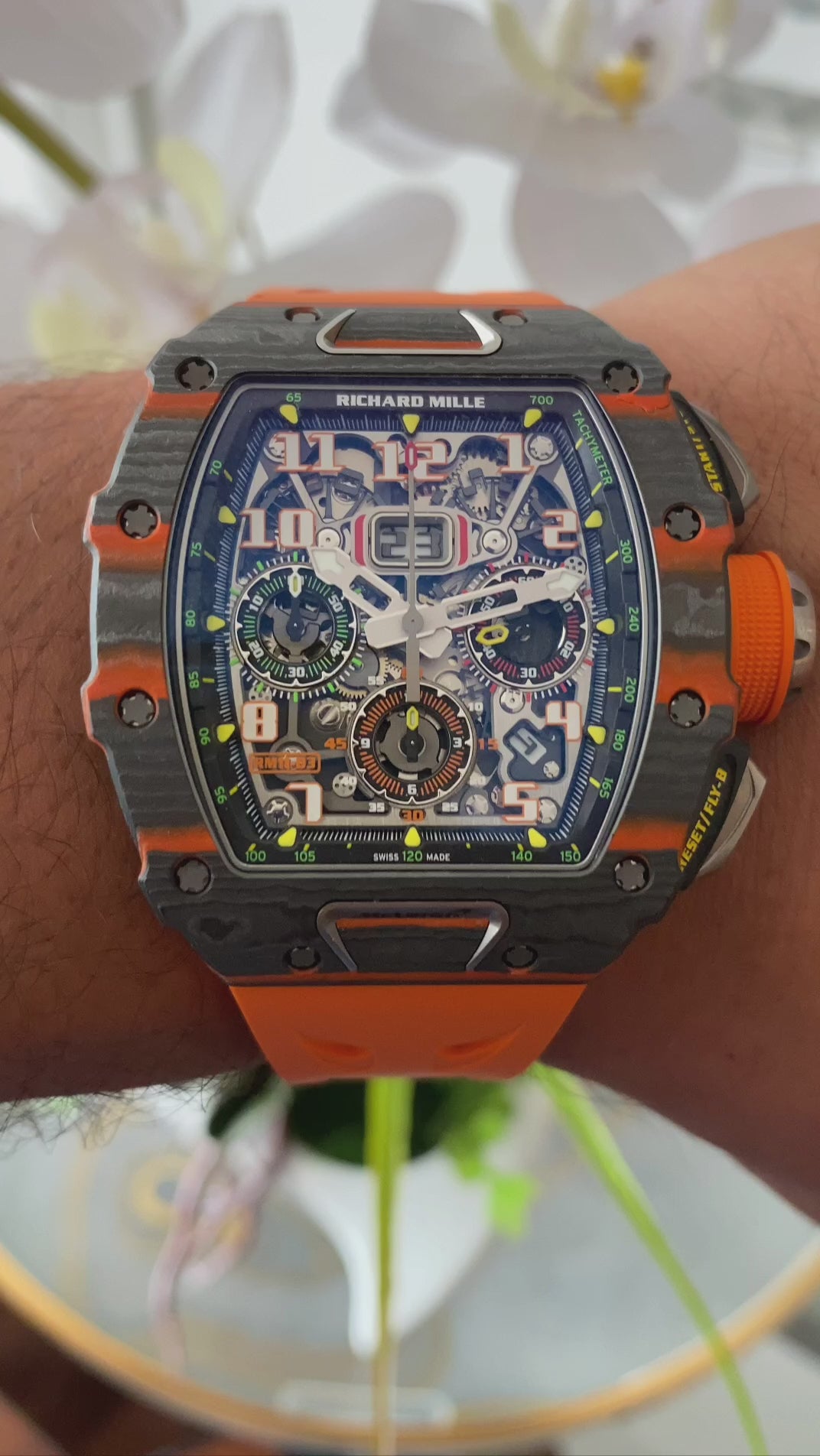 Buy Richard Mille RM 11-03 McLaren Automatic Flyback Chronograph in carbon case. Skeleton dial with annual calendar. Authentic luxury watch in Dubai.