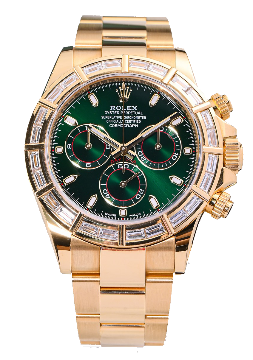 professional rolex daytona 40mm 18k yellow gold green dial baguette bezel men's watch-DUBAILUXURYWATCH