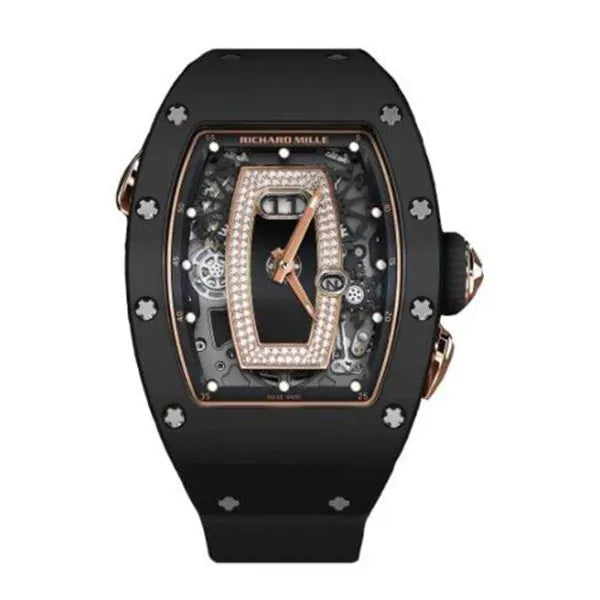 RICHARD MILLE RM 037 RG BLACK LIP WITH DIAMONDS BLACK CERAMIC BEZEL 34.40MM 18K ROSE GOLD CASE BLACK RUBBER STRAPS LADIES WATCH-DUBAILUXURYWATCH