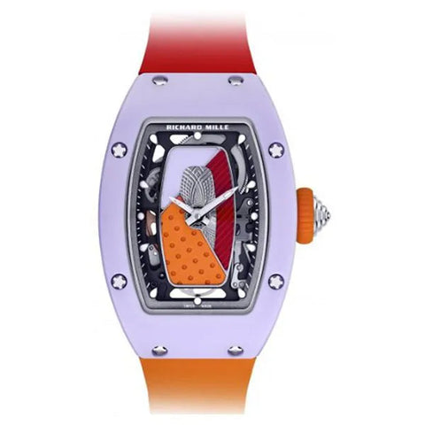 RICHARD MILLE RM 07-01 COLOURED PASTEL LAVENDER CERAMIC LIMITED EDITION 45.66MM X 31.40MM CORAL AND TANGERINE RUBBER STRAPS LADIES WATCH