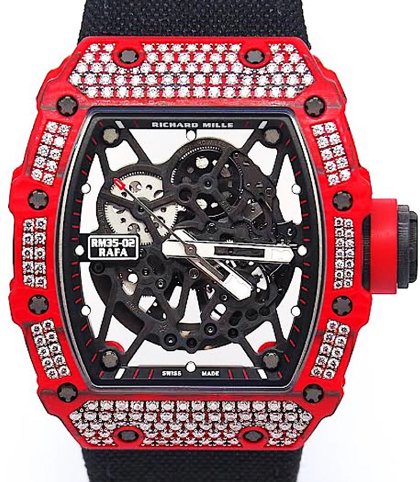 RICHARD MILLE RM 35-02 RAFAEL NADAL DIAMOND RED QUARTZ TPT 49.94MM X 44.5 MM RED RUBBER STRAPS MEN’S WATCH-DUBAILUXURYWATCH