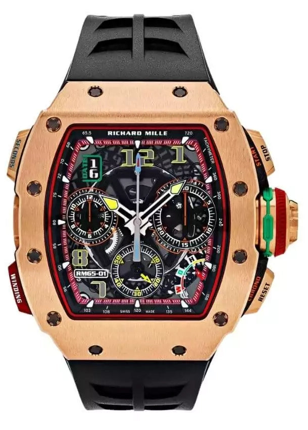 RICHARD MILLE RM 65-01 CA RG SPLIT-SECONDS CHRONOGRAPH AUTOMATIC WINDING 44.5MM X 50MM 18K ROSE GOLD BLACK RUBBER STRAPS MEN’S WATCH-DUBAILUXURYWATCH