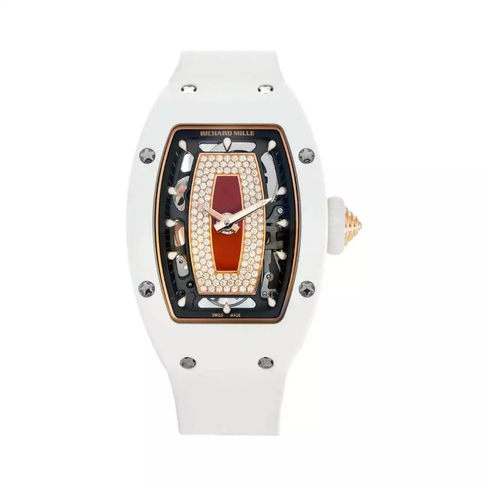 RICHARD MILLE RM07-01 RG-ATZ DIAMOND SET RED JASPER DIAL 31.40MM WHITE CERAMIC CASE WHITE RUBBER STRAPS LADIES WATCH-DUBAILUXURYWATCH