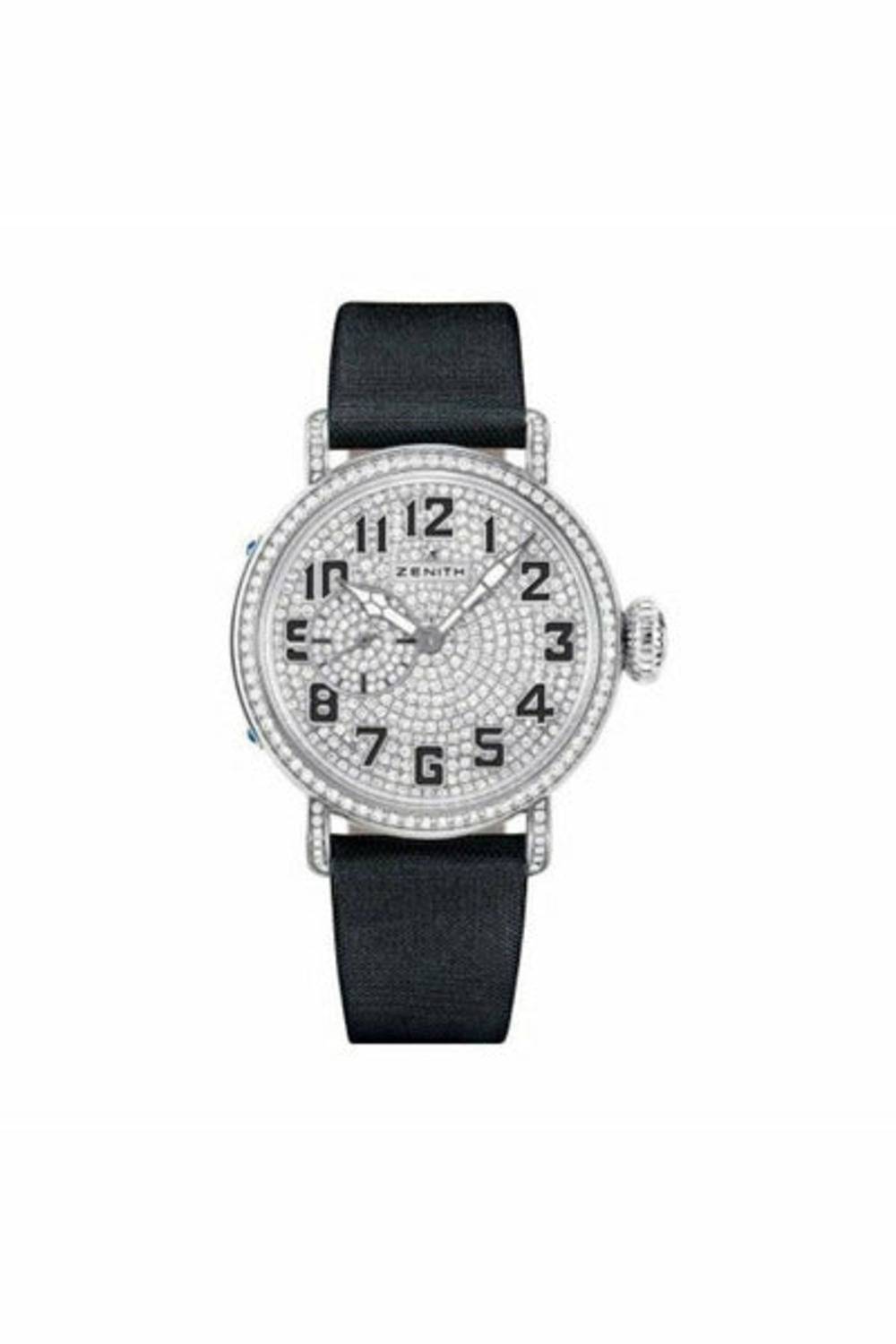 zenith pilot montre d''aeronef type 20 white gold with diamond bezel on black satin strap ref. 45.1931.681/79.c717-DUBAILUXURYWATCH