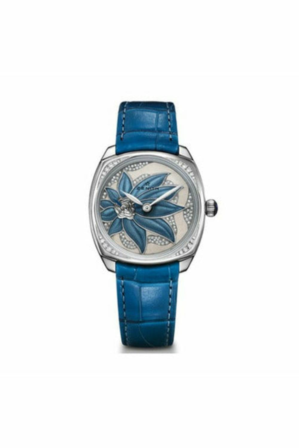 zenith star blue enameled flower dial 18k white gold ladies watch ref. 45.1972.681/36.c757-DUBAILUXURYWATCH